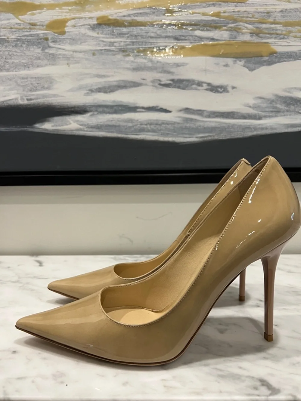 Jimmy Choo Beige Patent Leather Pointed-Toe Pumps - Picture 5 of 9